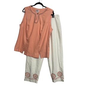 R&K Woman 2 Piece Set Peach Linen Blend Embroidered Straight Pants Top Size 14W